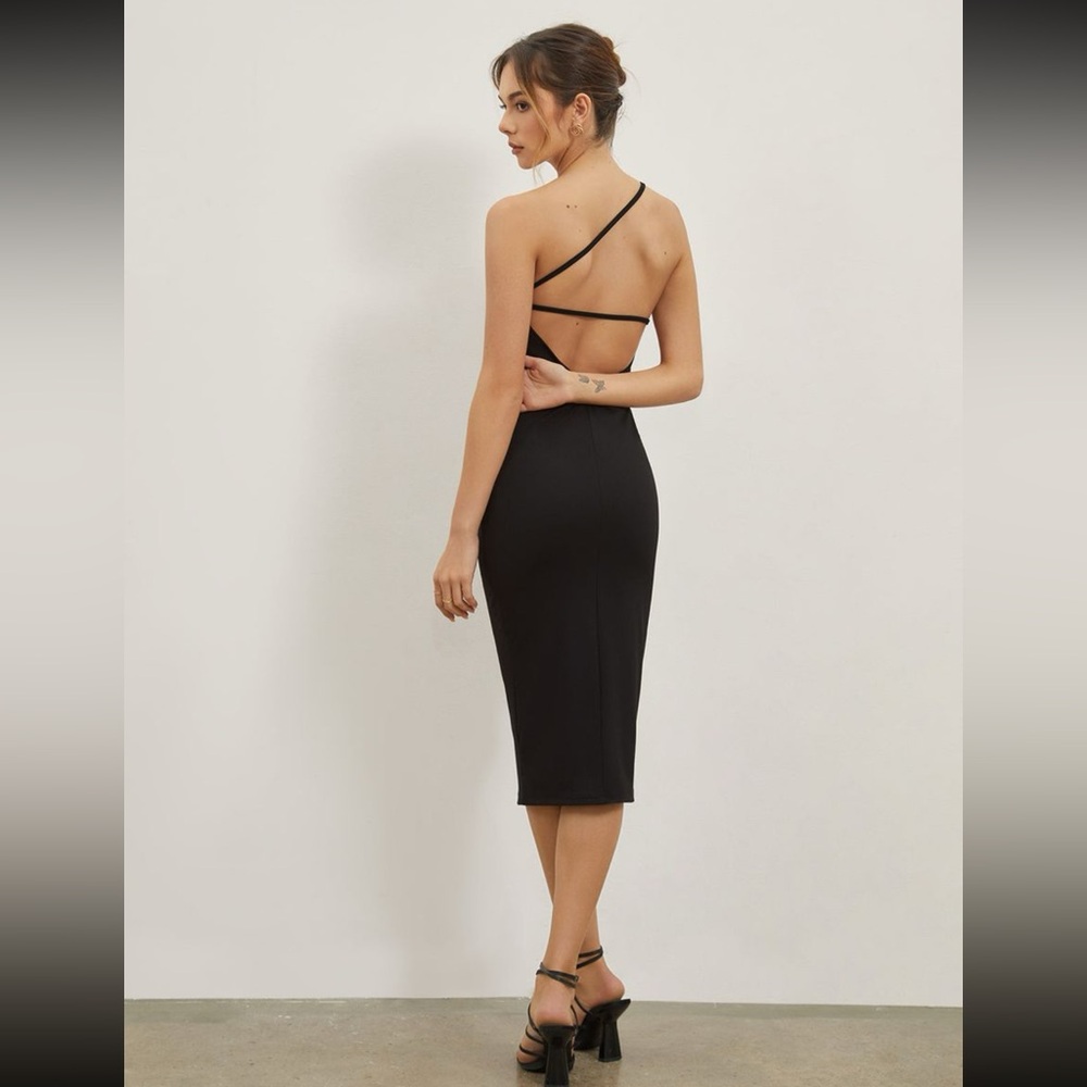Black Ribbed Asymmetric One Shoulder Strappy Cross Open Back Midi Dress